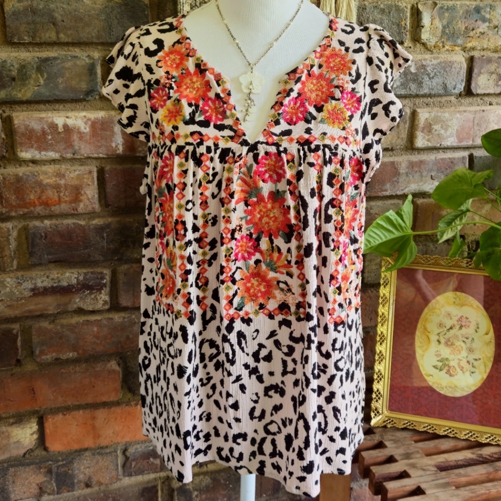 Savanna Jane Embroidered Animal Print Blouse